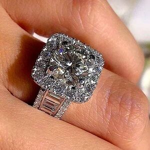 Sterling Silver Diamond Square Cut 2.50CT Baguette Accent Ring